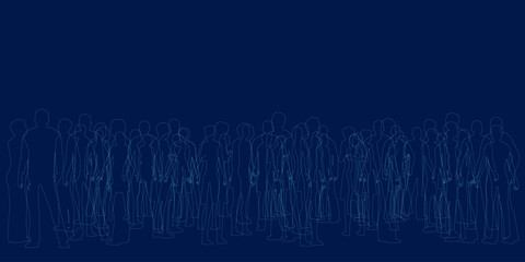 Fototapeta premium Vector contour of men and a women, a group of standing business people, blue color isolated on dark background