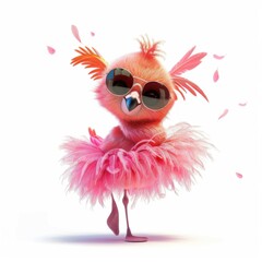 Fototapeta premium Cute flamingo wearing sunglasses and dancing in a fluffy pink tutu with colorful feathers