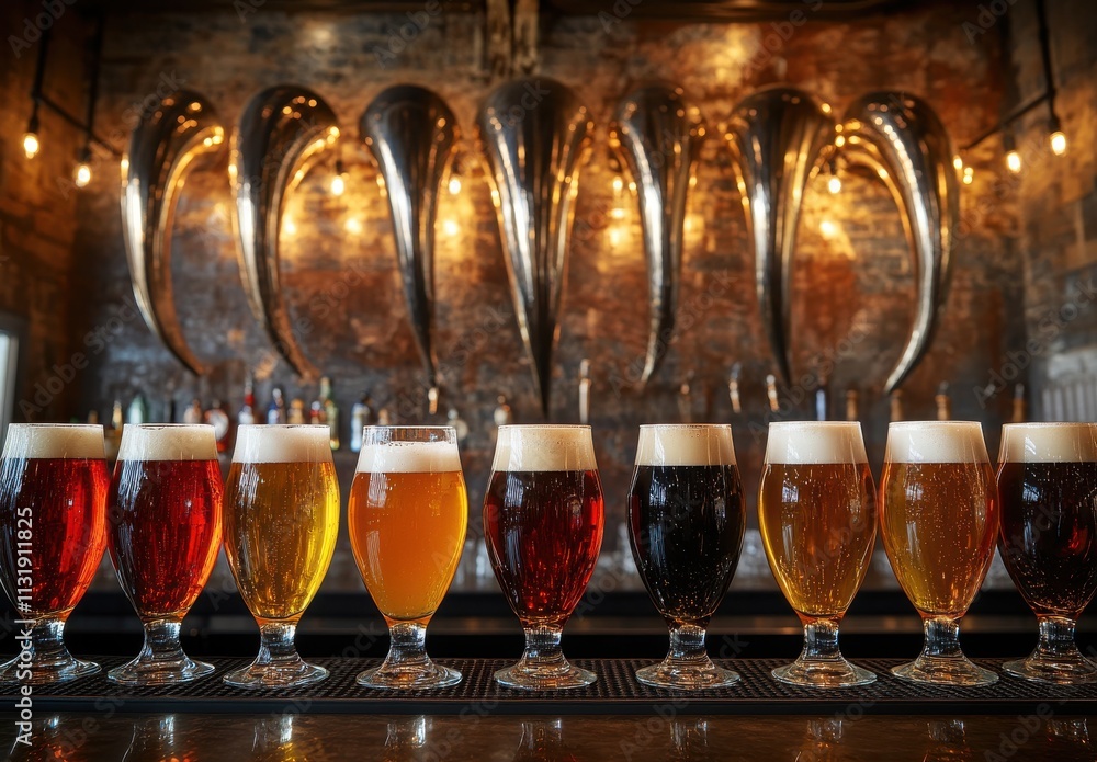 Poster a vibrant array of craft beers displayed on a bar counter against a rustic background with warm ligh