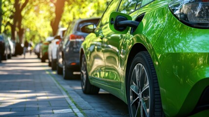 Fototapeta premium Green car hire business in a suburban setting, highlighting affordable rates and energy-efficient vehicles