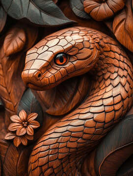 Wood Snake made out of wood carving. Lunar new year zodiac