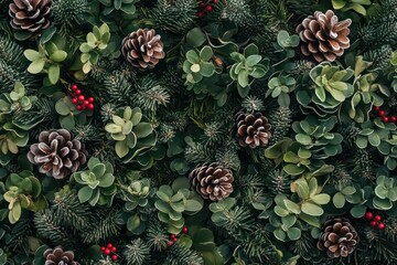 A lush green wreath with a natural finish, featuring frosted pinecones and small, vibrant red berries, creating a wintry, rustic aesthetic.