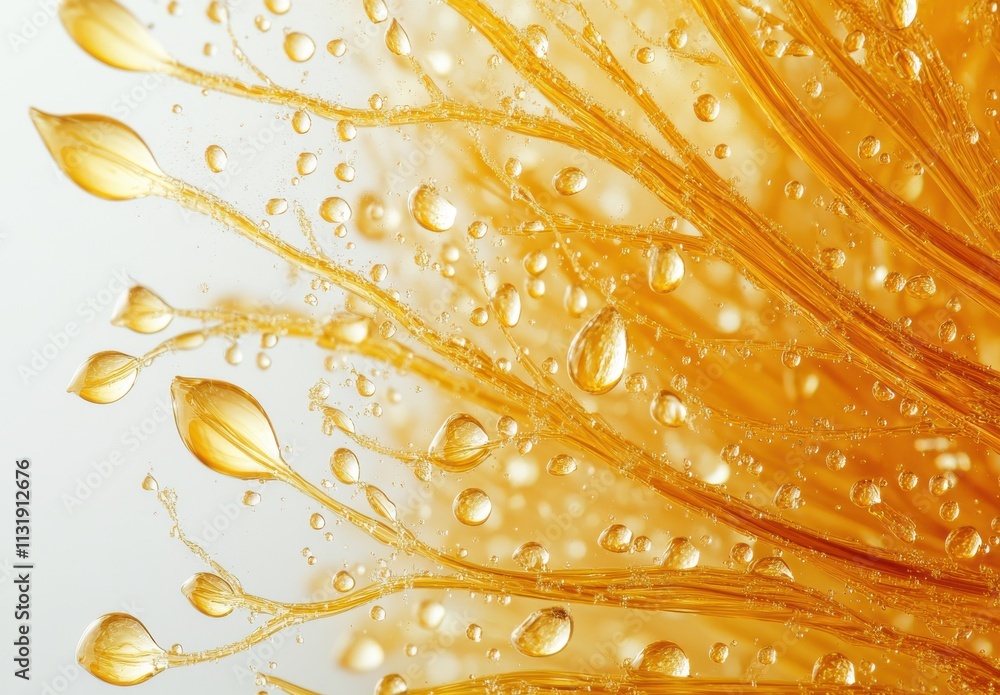 Poster abstract close-up of golden liquid droplets on delicate fibers creating a beautiful and intricate pa