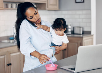 Remote work, baby and mother with phone call in home for communication, breakfast porridge and...