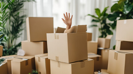 Fototapeta premium Pile of Cardboard Boxes with a Hand Coming Out