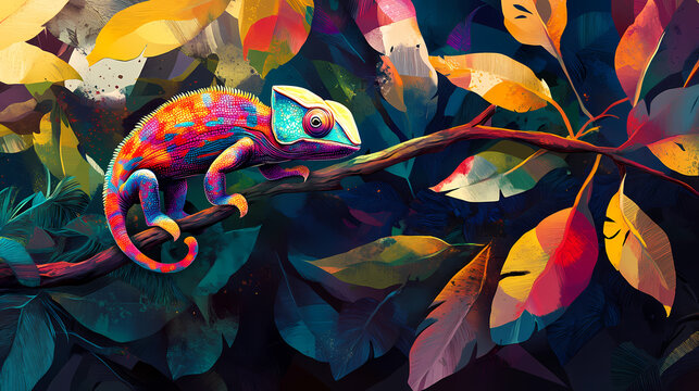 Colorful chameleon perched on a leafy branch, showcasing its remarkable ability to blend into the surrounding. Flux. Illustration