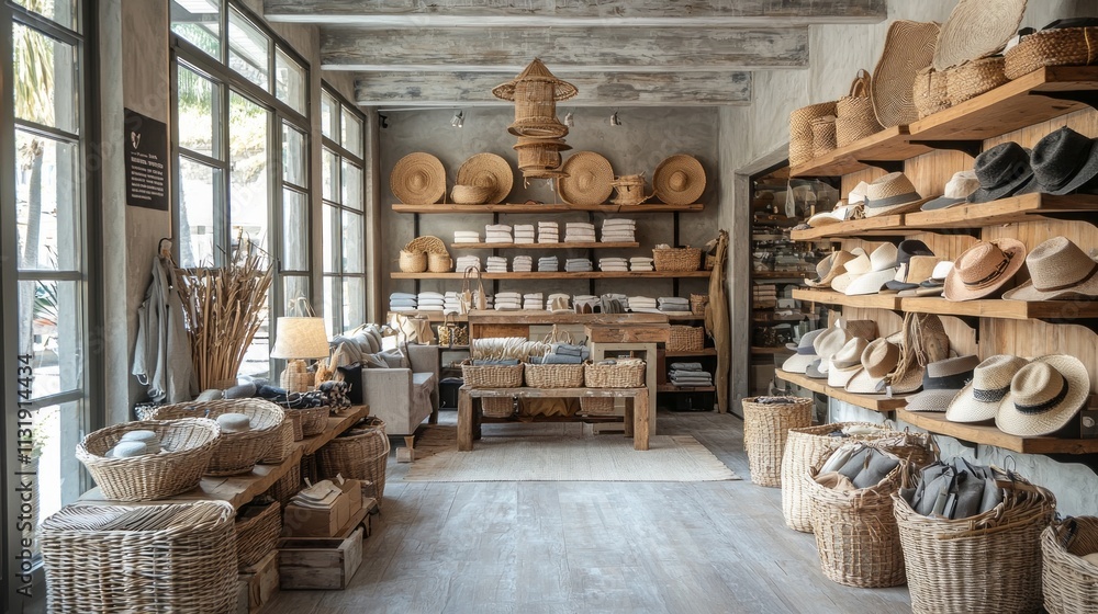 Poster a cozy bohemian store invites visitors with its wooden shelves lined with artisan goods. baskets and