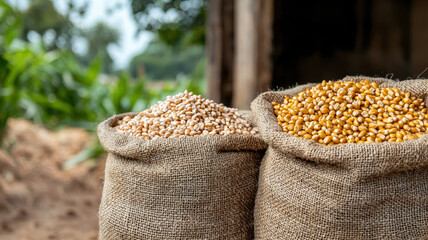 Harvesting organic yields efficiently Concept. Harvested organic grains in burlap sacks, rustic setting