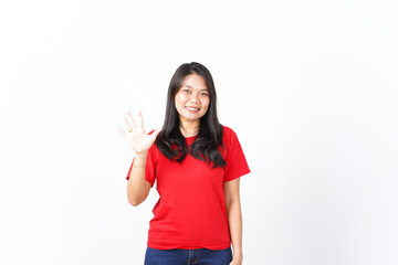 Smiling and showing counting finger, Five Finger Of Beautiful Asian Woman wearing red Isolated On...