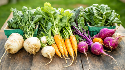 Harvesting organic yields efficiently Concept. Freshly harvested root vegetables and leafy greens display