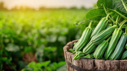 Obraz premium Harvesting organic yields efficiently Concept. Fresh organic okra harvest in lush green field