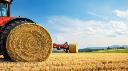 Obraz premium Harvesting organic yields efficiently Concept. Modern tractor baling hay in sunny field landscape
