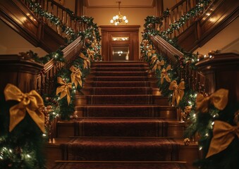 Fototapeta premium Grand staircase adorned with festive garlands and golden bows for the holiday season 