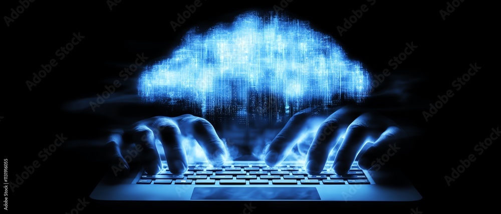 Aufkleber hand on laptop keyboard with a cloud computing diagram displayed, symbolizing digital transformation