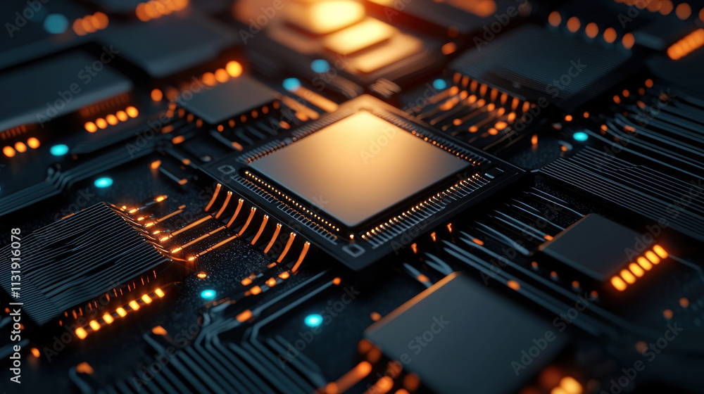 Aufkleber high tech circuit board with glowing components and intricate design