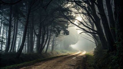 Fototapeta premium Sunlight filters through the misty canopy of a dense forest, illuminating a winding dirt road that disappears into the fog, creating a mysterious and enchanting atmosphere at the break of dawn
