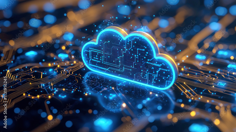 Poster futuristic cloud interface with glowing circuits and digital elements
