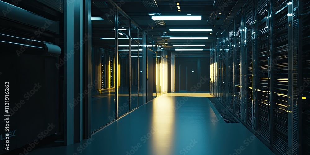 Poster Modern Server Room with Rows of Data Cabinets and Ambient Lighting in a High-Tech Data Center Environment