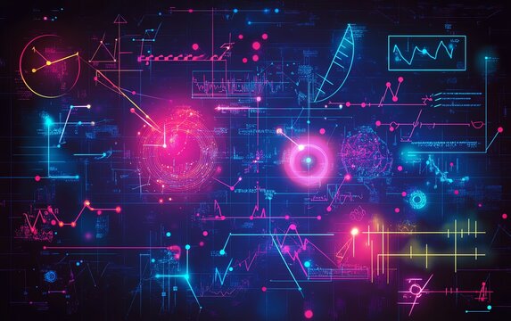 Innovation and mathematics concept, with glowing formulas, algorithms, and abstract shapes on a hightech dark backdrop