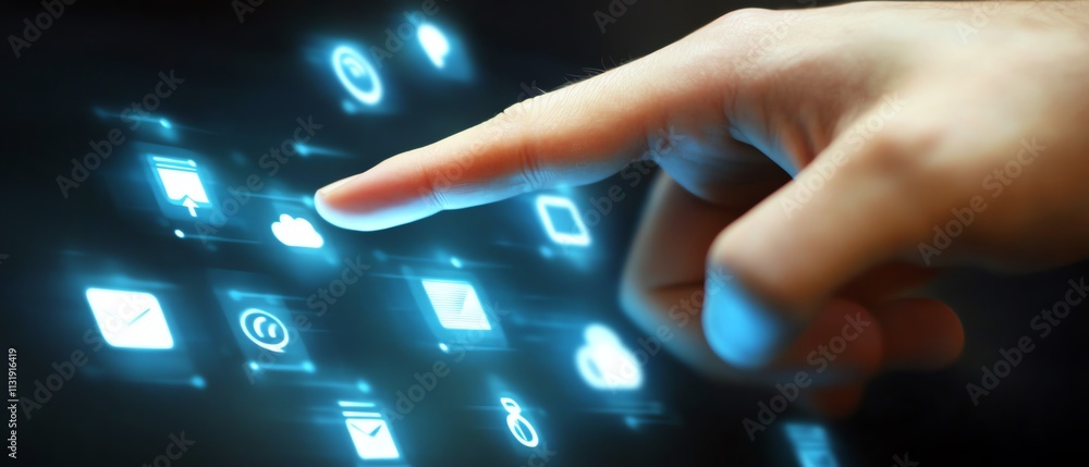 Aufkleber man s finger interacting with a digital touch screen with cloud icons and internet technology symbol