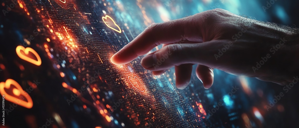 Aufkleber man s finger interacting with a digital touch screen with cloud icons and internet technology symbol