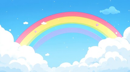 Bright rainbow set against a blue sky, with soft, white clouds underneath, capturing a simple and joyful atmosphere