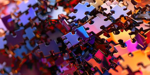 A bold, artistic concept of overlapping jigsaw puzzle pieces in contrasting colors, creating a dramatic interplay of shapes and connections.