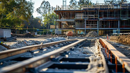 Railway Tracks Being Laid Near a Building Under Construction