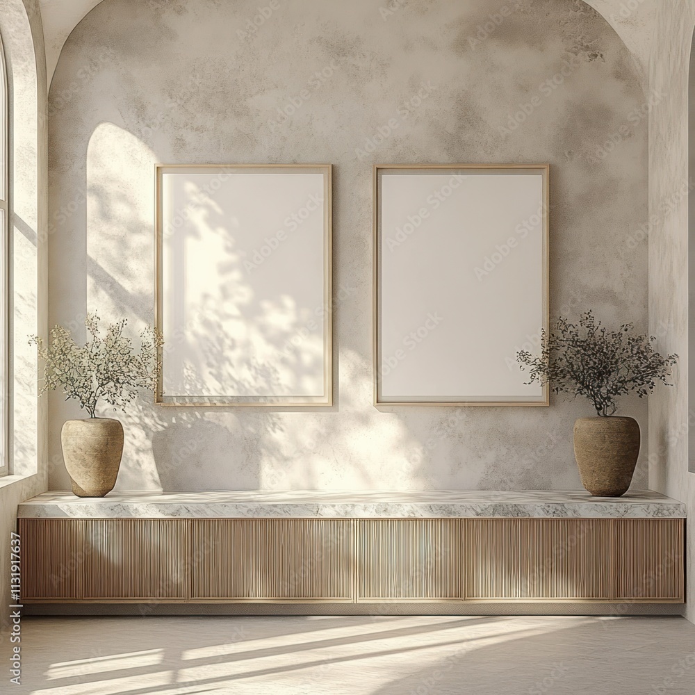Poster minimalist interior scene with marble countertop and empty frames in scandinavian design