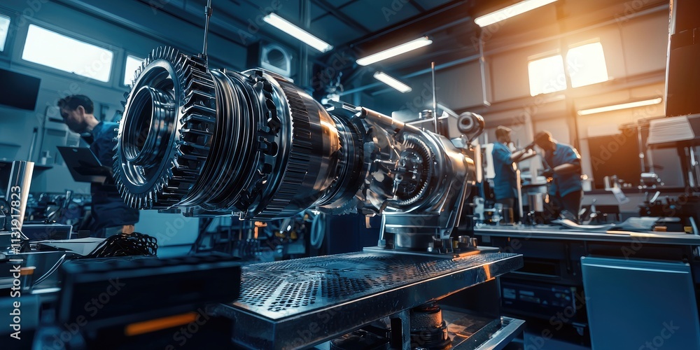 Aufkleber A workshop featuring engineers testing and fine-tuning advanced mechanical components. The image emphasizes innovation and detailed examination.