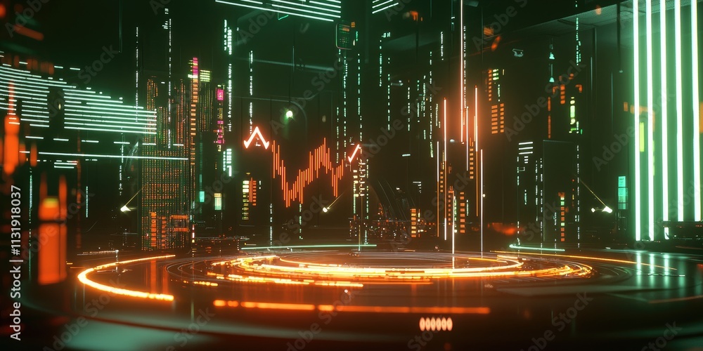 Aufkleber A futuristic data chart showing the progress of digital transformation, with arrows pointing upwards and digital elements representing technological growth.