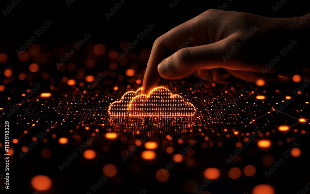 Poster cloud technology and computing concept with a man s finger on a touchscreen, surrounded by cloud ico