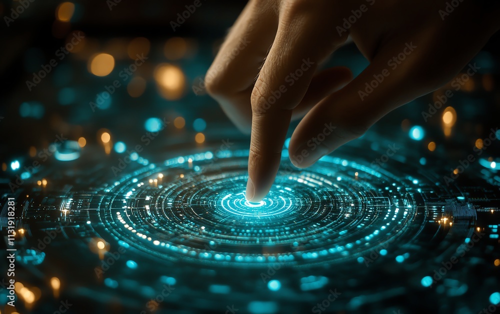 Aufkleber cloud technology and computing concept with a man s finger on a touchscreen, surrounded by cloud ico