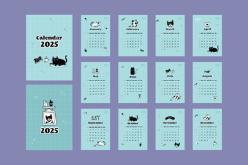 2025 calendar with Cute cats illustration. Vector hand-drawn doodle illustrations, cat graphic elements and objects, ornament for journaling, stickers, and scrapbooking.