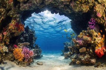 Vibrant coral reef scene with colorful marine life.