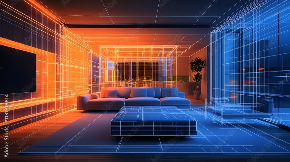 Poster futuristic 3d virtual room design with orange and blue digital elements : generative ai