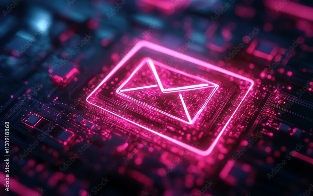 Fototapete creative square circuit button hologram with an email icon on a dark background, representing techno