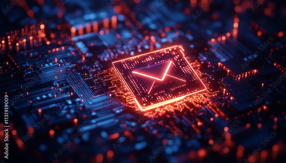 Aufkleber creative square circuit button hologram with an email icon on a dark background, representing techno