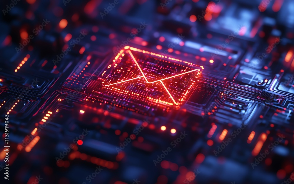Aufkleber creative square circuit button hologram with an email icon on a dark background, representing techno