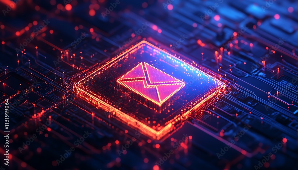 Fototapete creative square circuit button hologram with an email icon on a dark background, representing techno
