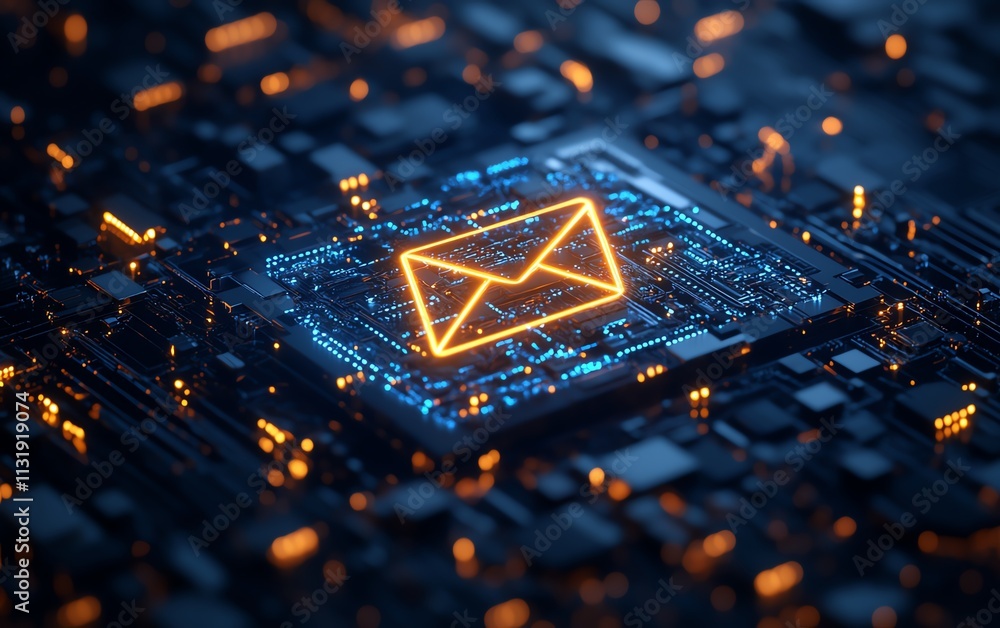 Fototapete creative square circuit button hologram with an email icon on a dark background, representing techno