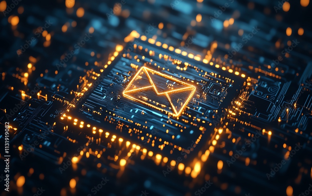 Aufkleber creative square circuit button hologram with an email icon on a dark background, representing techno
