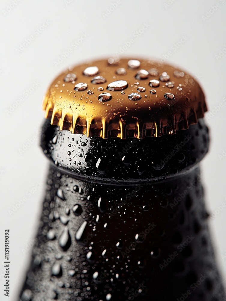 Poster close-up of a chilled beer bottle with water droplets on the golden cap creating a refreshing and ap