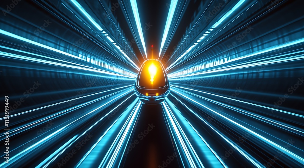 Poster futuristic train traveling through neon lit tunnel with speed lines : generative ai