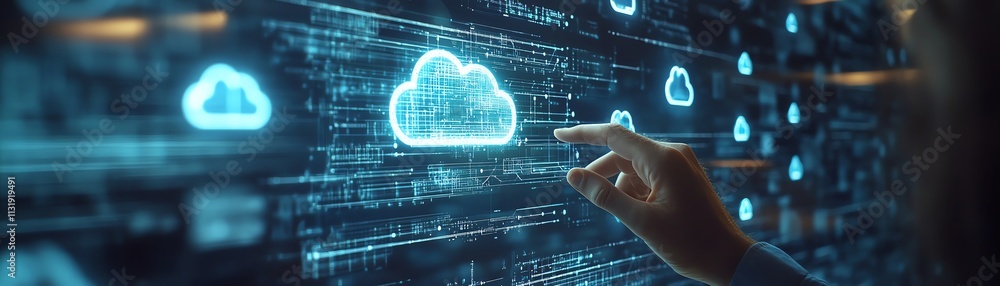 Aufkleber digital touch screen with a man s finger tapping on cloud icons surrounded by internet technology sy