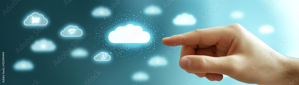 Aufkleber digital touch screen with a man s finger tapping on cloud icons surrounded by internet technology sy