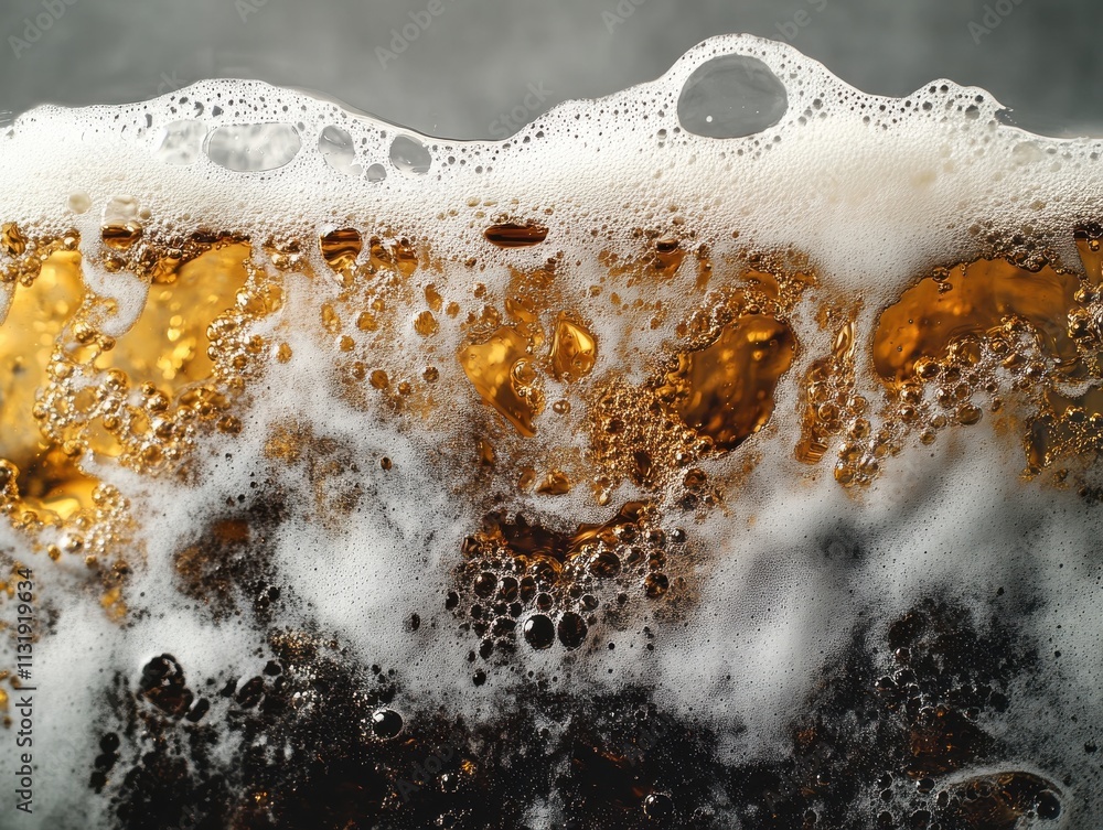 Poster close-up of bubbly beer foam with rich amber color and dark undertones, highlighting the texture and
