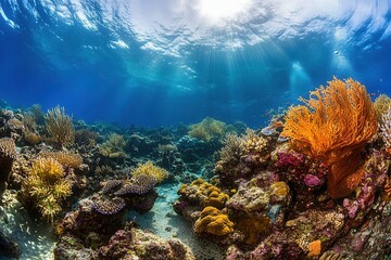 Obraz premium Vibrant coral reef teeming with marine life and sunlight.