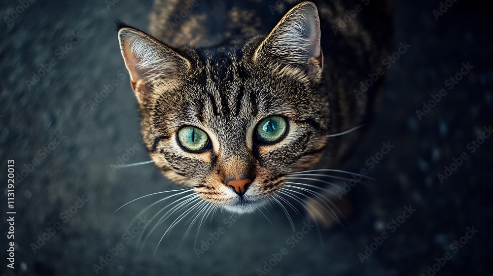 Poster Close up portrait of a curious tabby cat with mesmerizing green eyes and whiskers : Generative AI