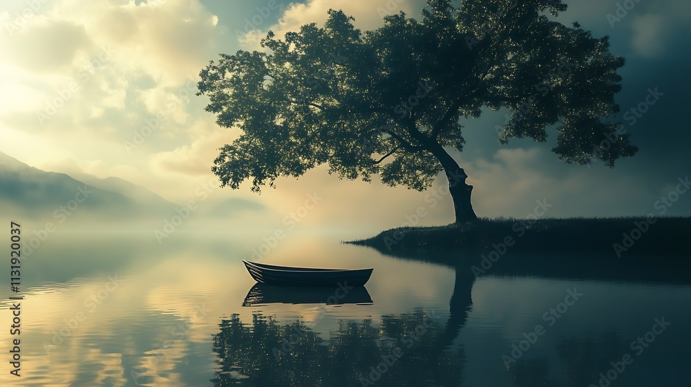 Poster Serene Evening Lake View with Rowboat and Misty Vibes Under Lush Tree : Generative AI